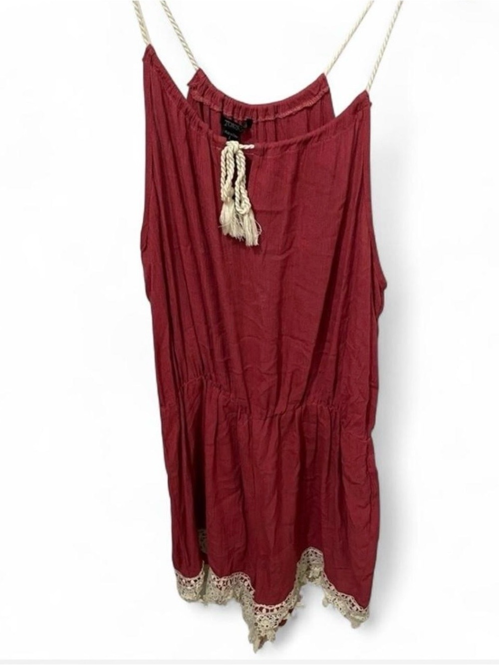 Toxik3 Coral Summer Romper with Nude Crochet Lace Trim and Tasseled Neckline